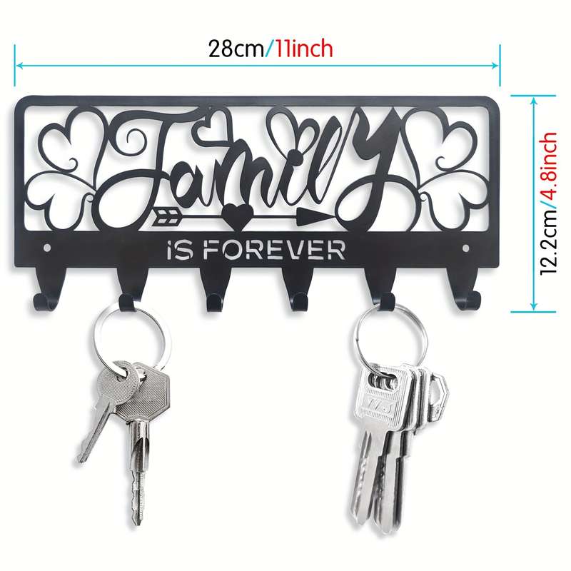 1pc Rustic Black Metal Key Holder with Family is Forever DesignWall Mounted Key Hooks