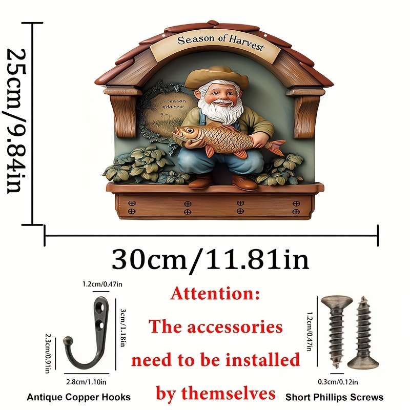 2D Flat 1pc Old Fisherman Holding Big Fish Simple Colorful Wooden Key Hanger for Home with Four M