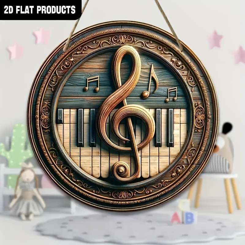 1pc  Vintage-Inspired Round Music Wall Decor Treble Clef Piano Keys Design in Wood Ideal fo