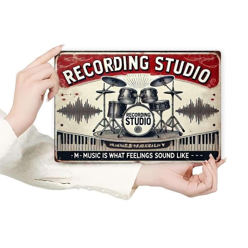 1pc  Vintage Recording Studio Metal Wall Sign 20.32x30.48 cm Retro Drum Set Microphone De