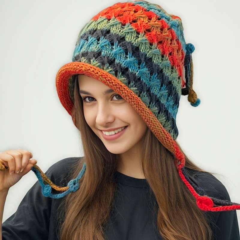 1pc New Autumn and Winter Bohemian Style Handmade Crochet Color Hat Thickened and Warm Dopamine K