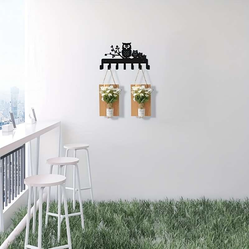 1pc Owl-Themed Metal Key HolderContemporary Black Wall-Mounted Rack with 5 Hooks for Easy Organiz