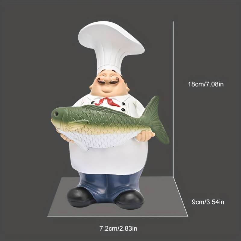 1pc Charming European Chef with Fish Figurine Rustic Resin Statue Cartoon-Style Kitchen Decor fo