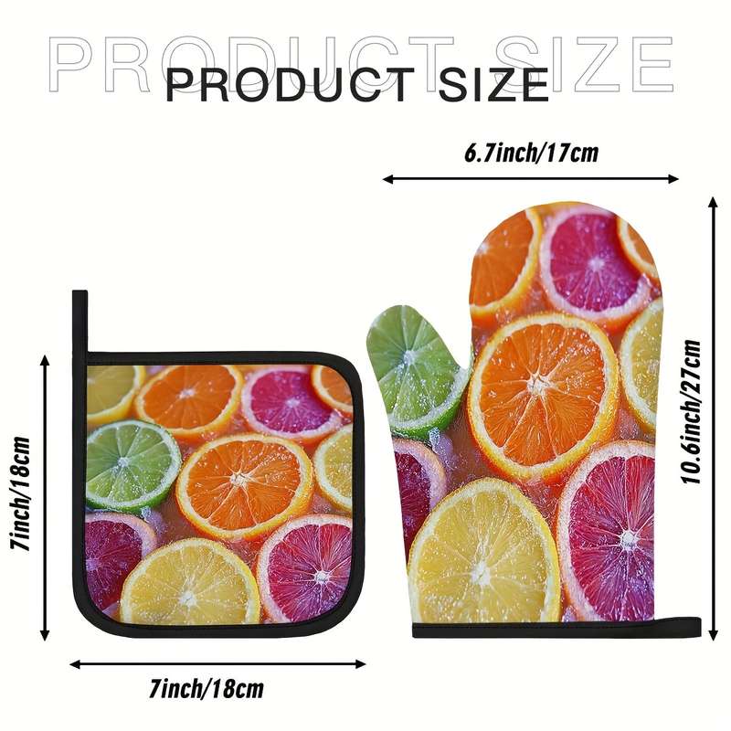 2pcs Citrus Fruit Slices Pattern Oven Mitts and Pot Holders Set Heat Resistant Microwave Glov