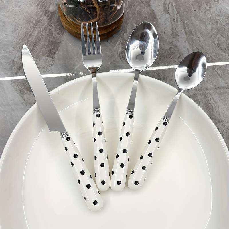 4pcs Stainless Steel Cutlery Set with Polka Dot Ceramic Handles Includes Knife Fork Spoon
