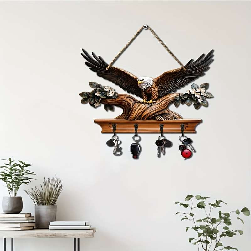 1pc Eagle Spreading Wings Simple Colored Wooden and Key Hanger with Four Metal Hooks (30.0cm x 24.