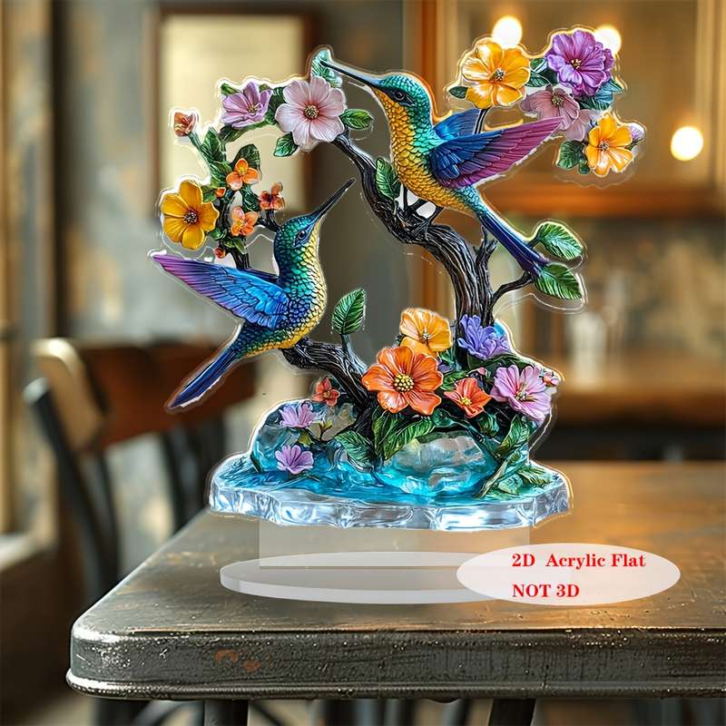 1pc 2D Flat   Bohemian Style  Acrylic Hummingbird Decor Vibrant Bird Flower Sculpt with S