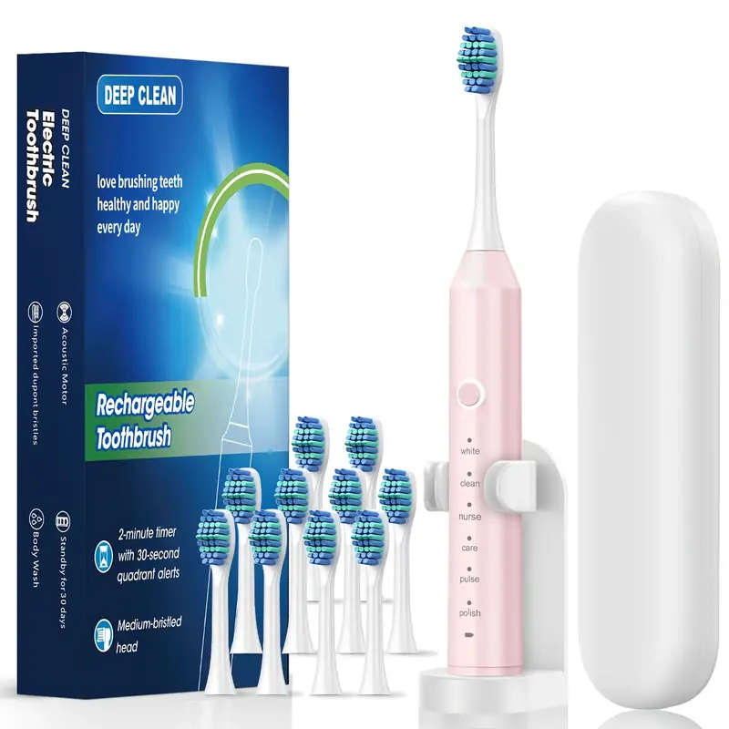1set Automatic Rechargeable Electric Toothbrush for Adults 10 Brushes  6 Cleaning Modes 500mAh