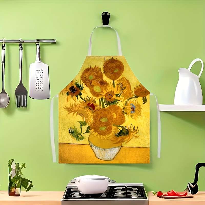 1pc Sunflower Pattern Linen Apron 100% Linen Woven Fabric 150 gsm Weight Creative Kitchen Co