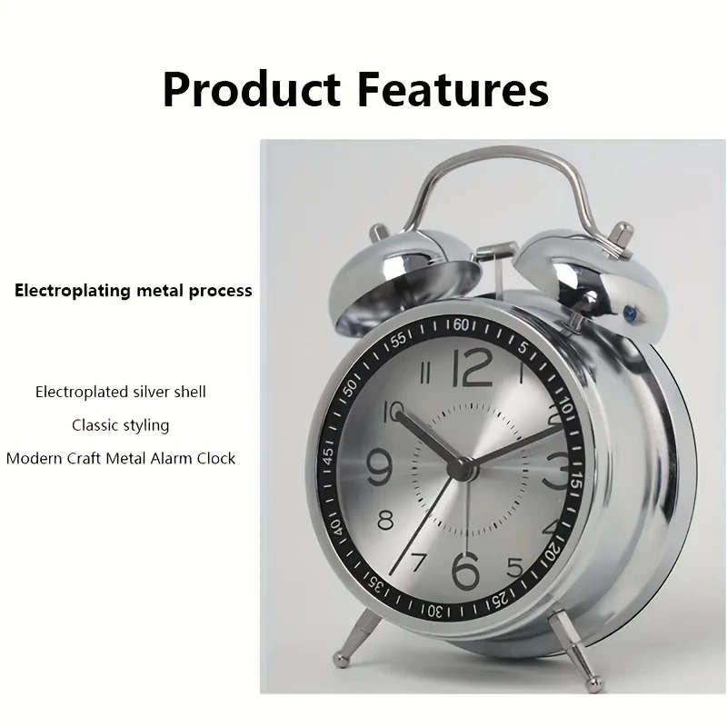 1pc Chic Metal Alarm Clock with Glass Face Luminous Silent Quartz Movement Anti-Fall Design