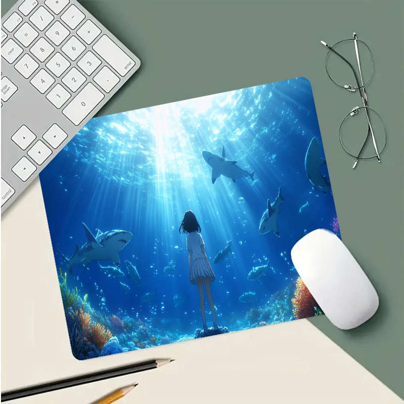 1pc 21x26cm Ergonomic Rubber Mouse Pad Underwater Shark Girl Design Non-Slip Washable Durable