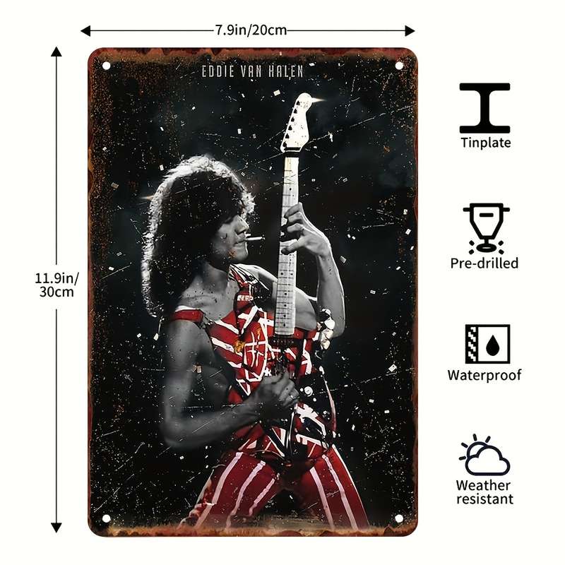1pc Retro Eddie Van Halen Metal Tin Sign 20.32x30.48 cm Vintage Wall Art Decor Weather-Resistant