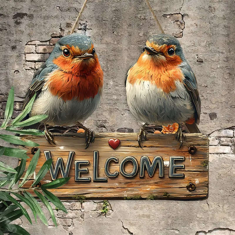 1pc Rustic Robin Wooden Welcome Sign 24.89cmx21.08cm Wall Mount Farmhouse Decor for Home Garden No E