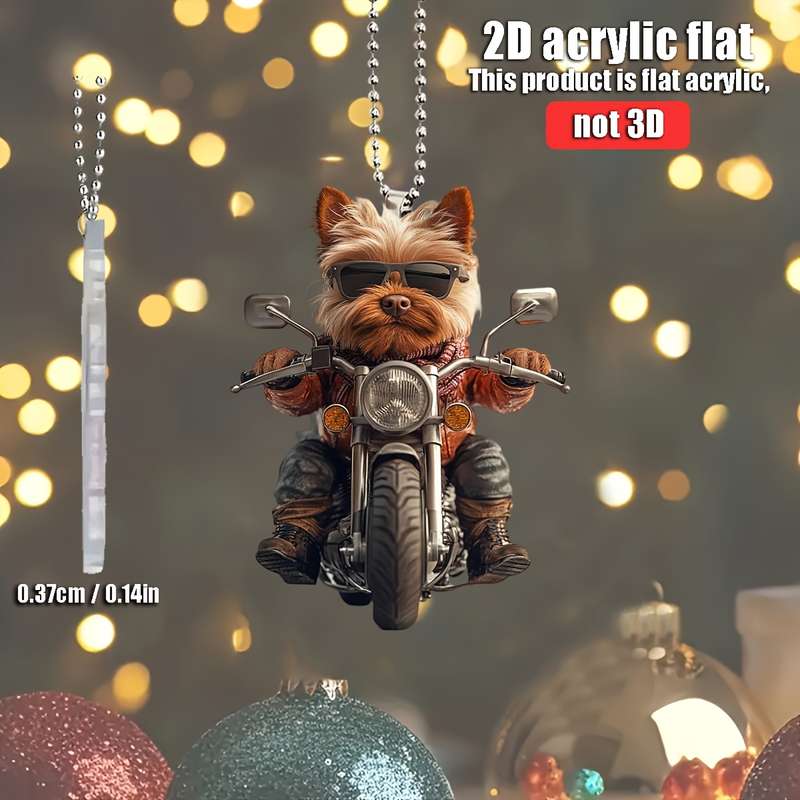 1pc 2D Flat   Yorkshire Terrier Riding Motorcycle  Acrylic Hanging Ornament Flat Design with