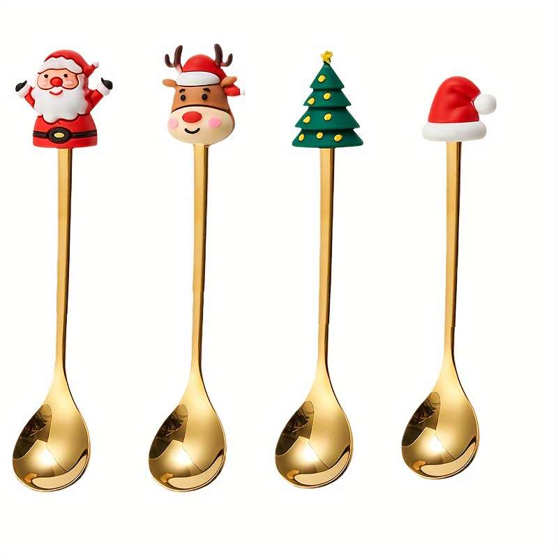 4pcs Christmas Coffee Spoon Set Stainless Steel Santa Reindeer Designs for Holiday Dining