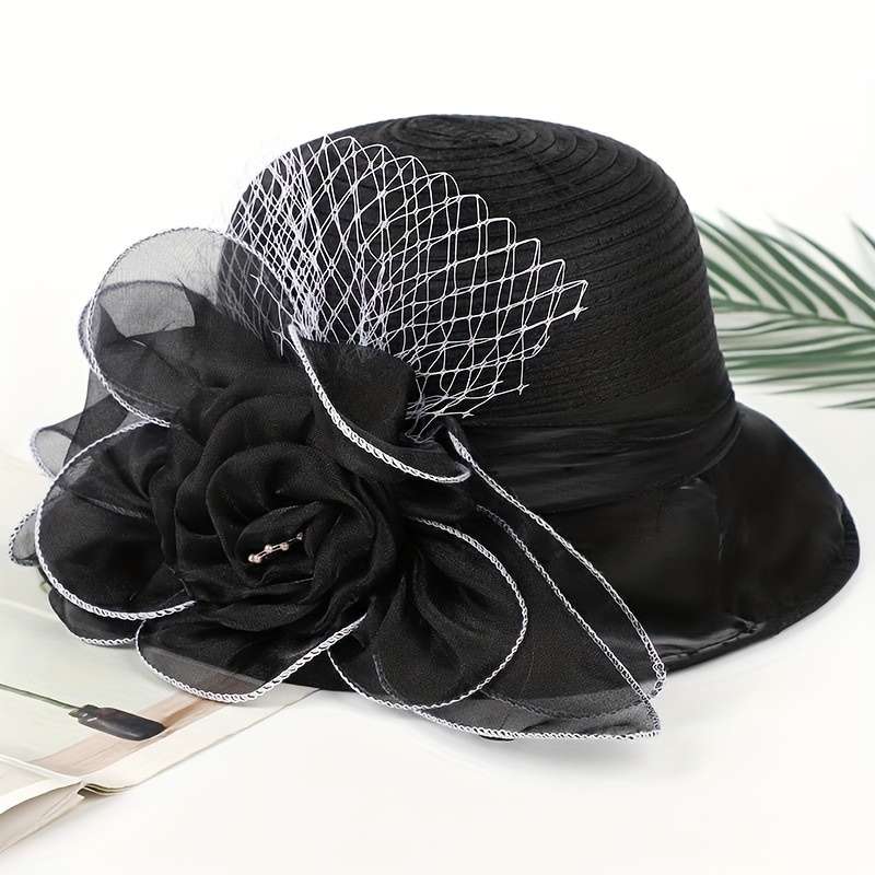 1pc Women's Wide Brim Floral Organza Sun Hat Beige with Black Mesh Flower Veil Breathable UV P