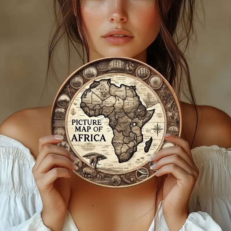 1pc Vintage Wooden Africa Map Wall Art Rustic Round Unfinished Wood Sign Farmhouse Style Hanging Dec