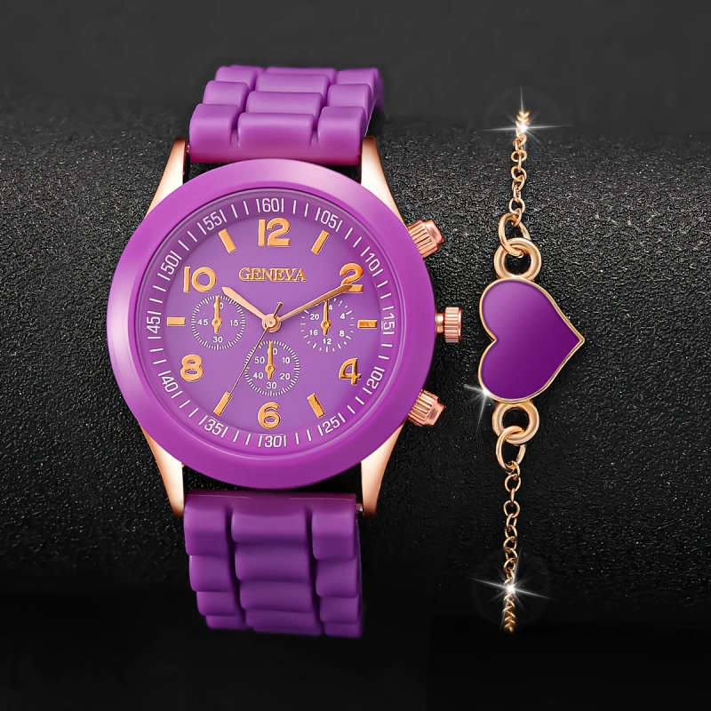 2pcs Fashionable Silicone Quartz Watch Heart Charm Bracelet Set Purple Rose Golden Case with World
