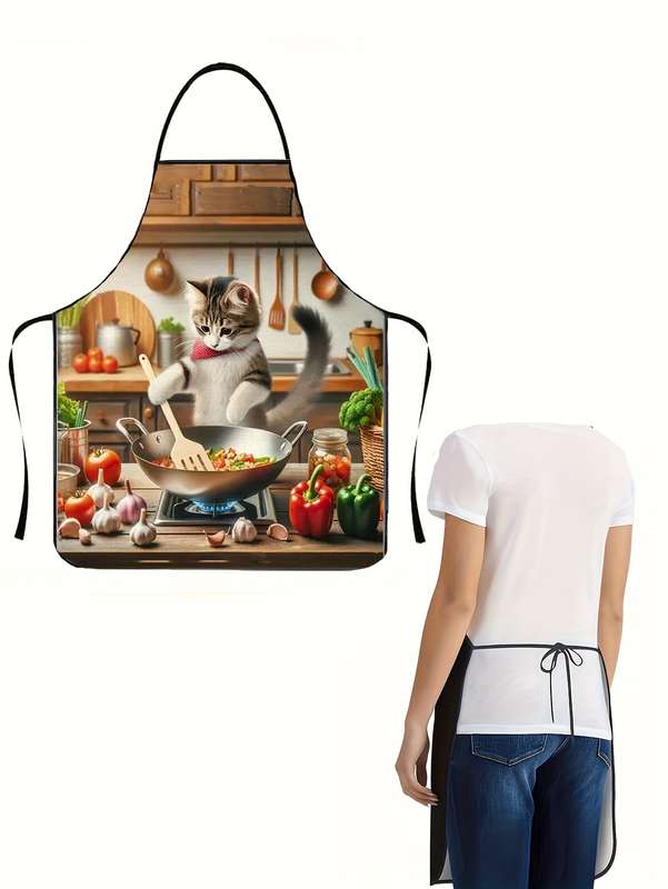 1pc Cartoon Cooking Cat Apron Casual Style 100% Polyester Non-Stretch Fabric Woven 150g m?