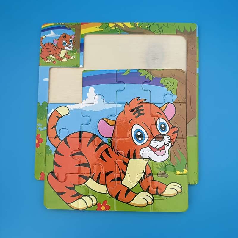 1pc Wooden Tiger Puzzle Vibrant Orange Kitten with Rainbow Flowers Design Ideal