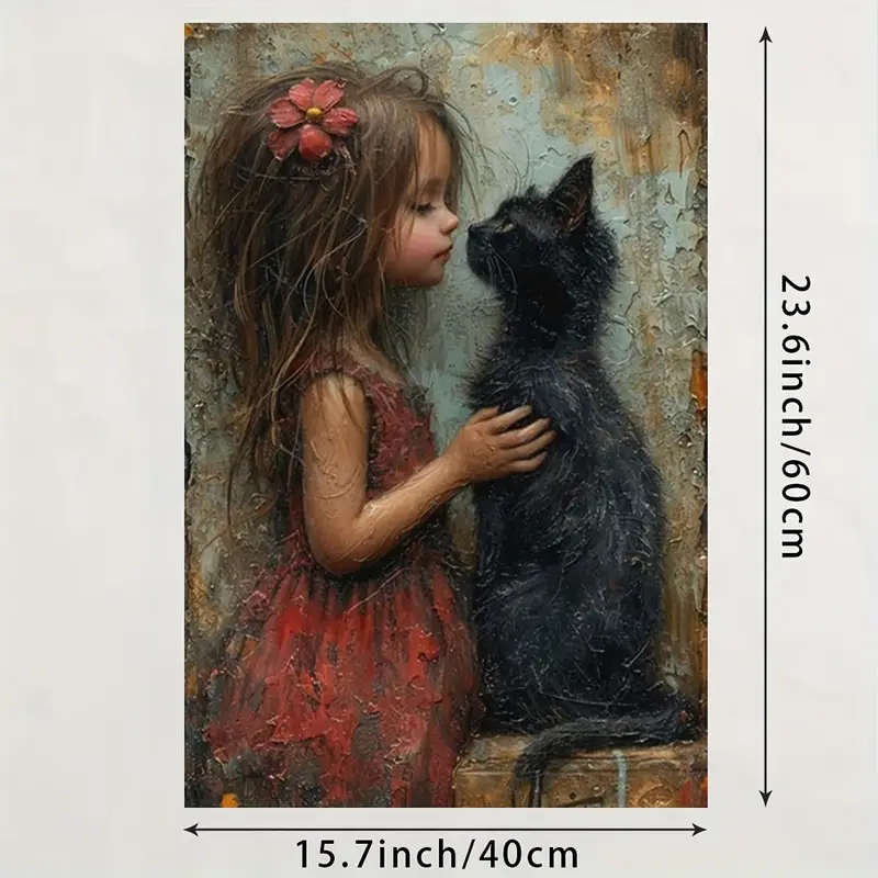 1pc Canvas Wall Art Print Little Girl with Black Cat Painting Poster for Home Office Decor Non-Solid
