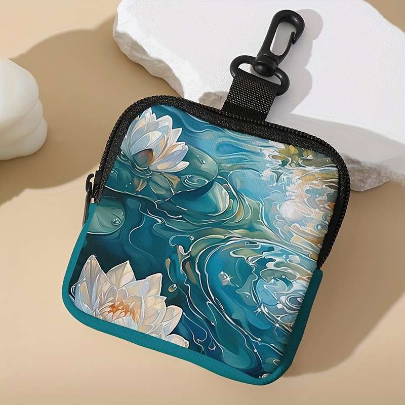1pc 1pc for Lotus Pattern Printed Coin Purse with Buckle and Zipper Pocket Multifunctional Storag