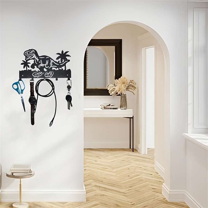 Metallic Dinosaur Coconut Tree Wall Coat Rack with 5 Alloy HooksTropical Palm Tree Key Holder for
