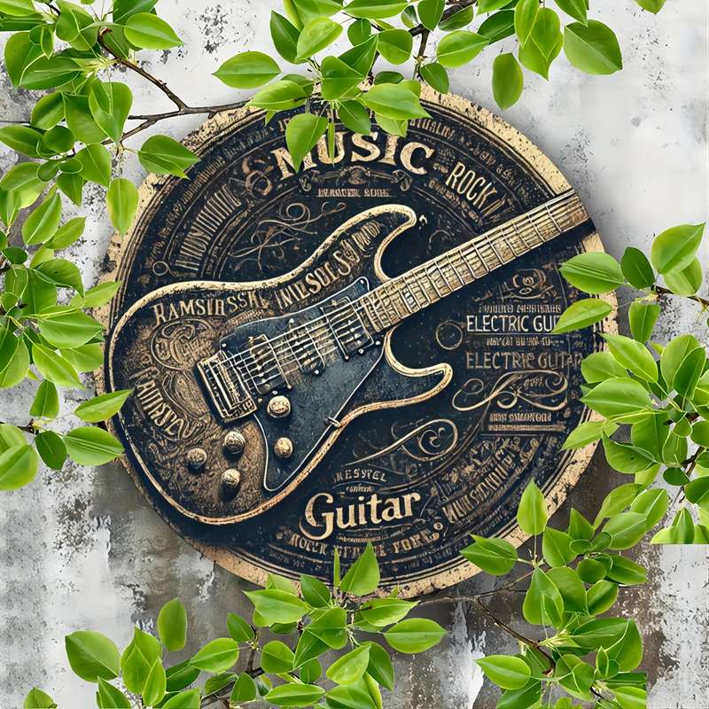 1pc Vintage Round Aluminum Tin Sign with Guitar Design 1 Piece Foil Engraved Metal Signage Durab