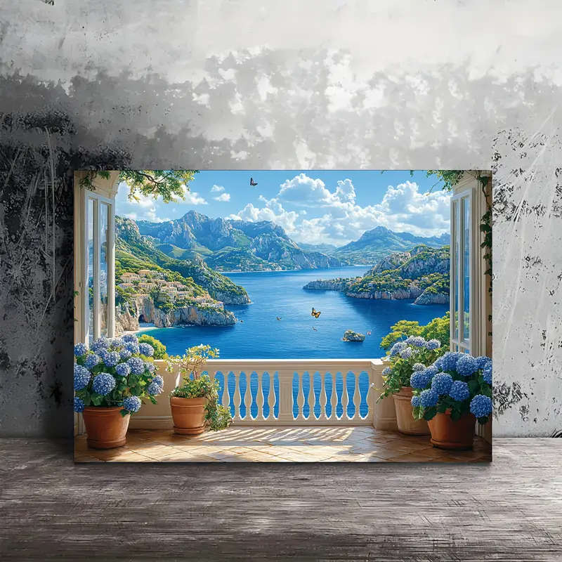 1pc Coastal Balcony Seascape Canvas Wall Art Woven Wooden Framed Print 29.97x39.88 cm Ideal for Livi