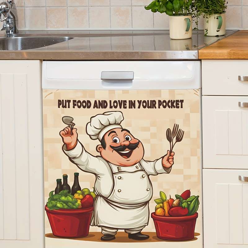 1pc Happy Chef Kitchen Wall Sticker Vibrant Cartoon Design with Fresh Fruits Vegetables Self-A