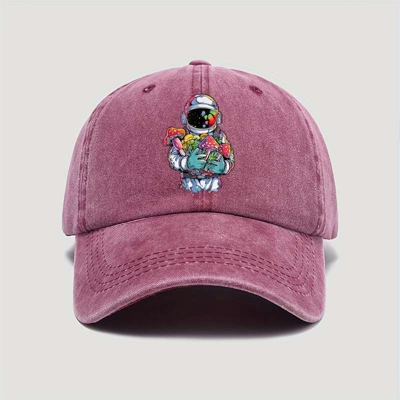 1pc Colorful Astronaut with Assorted Mushrooms Print Baseball Cap Vintage Fun Cotton Adjustable S