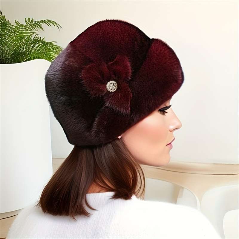 1pc Winter Warmth Faux Fur Elastic Fit Hat One Women's Ear-warming Knitted Solid Color Hat Poly