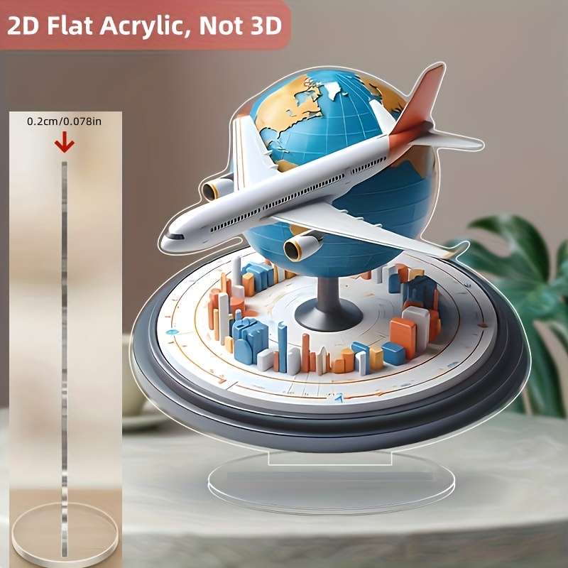 1pc 2D Flat  Acrylic Airplane Globe Desk Decor Modern Cityscape Design with Airplane Earth Idea