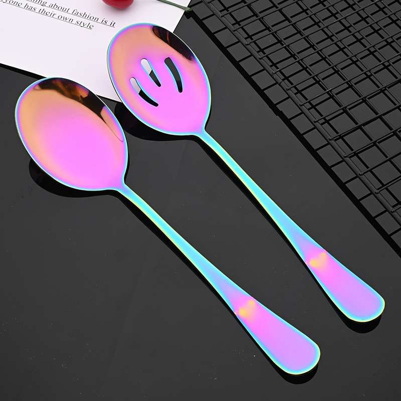 5pcs Colorful Stainless Steel Utensil Set Soup Spoon Ladle Salad Fork Cake Server Kitchen