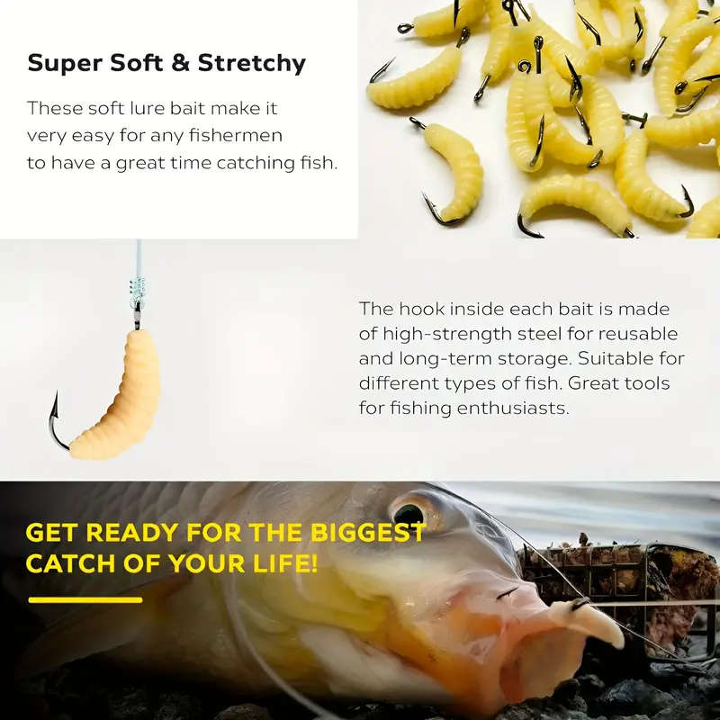 12pcs Yellow Rubber Maggots Fishing Bait Set with Hooks Versatile Grub Lures for Bass Trout Crappie