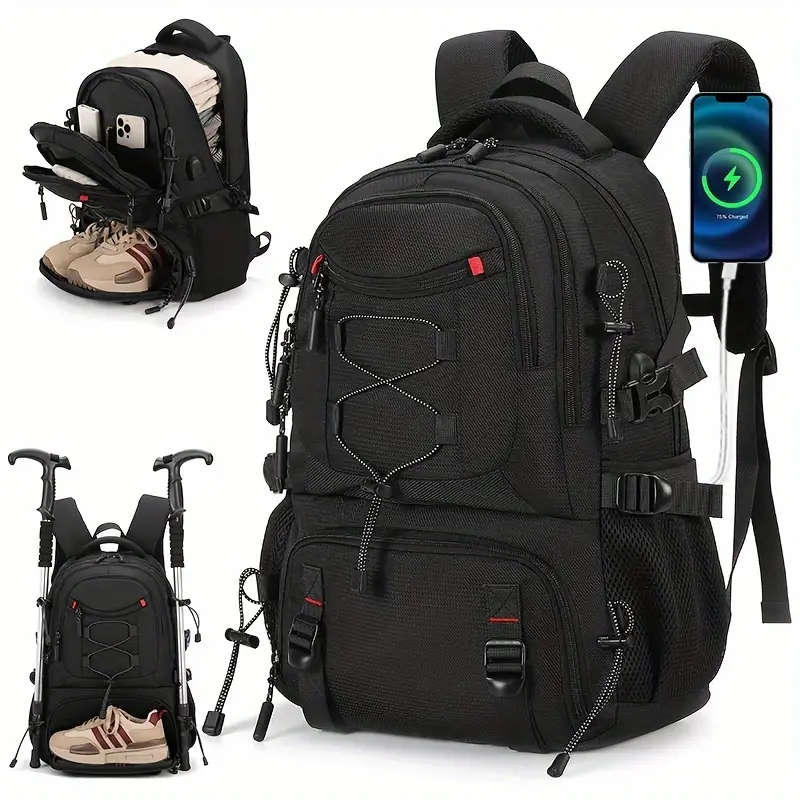 1pc Large Capacity Laptop Backpack with Shoe Storage Casual Polyester Travel Bag Outdoor Hiking Ruck