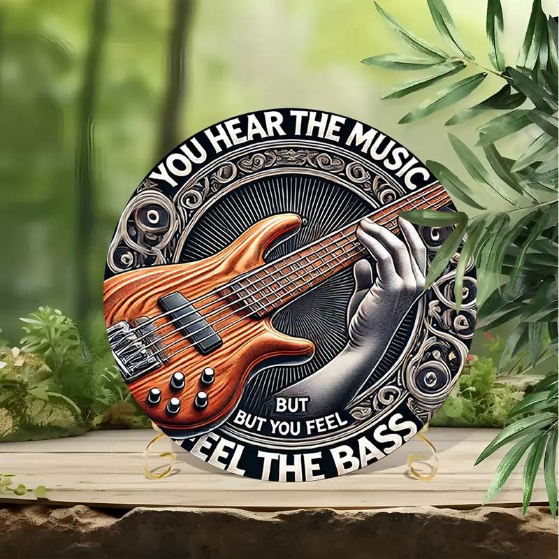 1pc  Electric Bass Guitar Metal Sign 8-inch Round Vintage-Inspired Wall Art You Hear the Mus