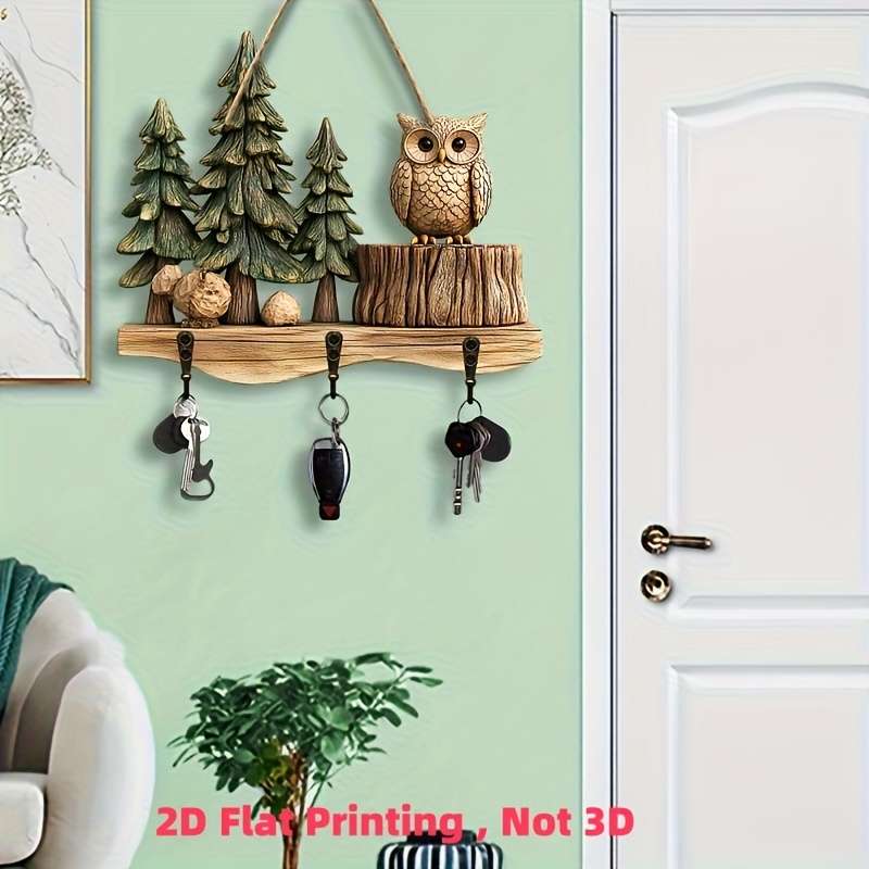 Charming 2D Crow and Forest Colorful Wooden Key Holder30.0cm x 24.99cm with 4 Metal Hooks Perfec