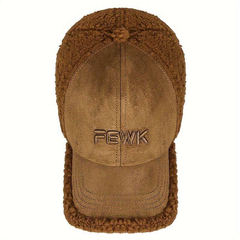 1pc FEWK Embroidered Fleece Baseball Cap Warm Cozy Brown Trucker Hat with Faux Leather Patc