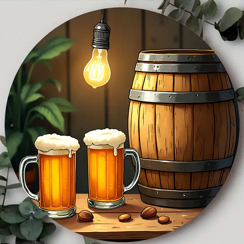 1pc Vintage Aluminum Wall Art Rustic Wooden Barrel with Bulb Lighting Beer-Themed Decor for Home Off
