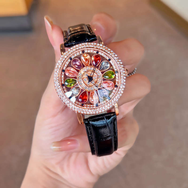 1pc Fashionable Quartz Wrist Watch for Women with Colorful Rhinestone Embellishments Rotating Dial A