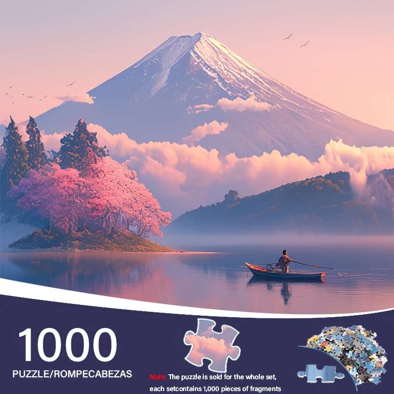 1000pcs Challenging Jigsaw Puzzle for Adults Mountain Lake Scene with Cherry Blosso