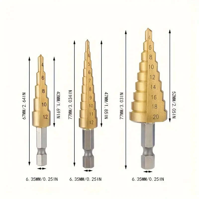 3pcs Titanium-Coated HSS Step Drill Bit Set Upgrade Your Drilling Power Perfect For Wood Metal