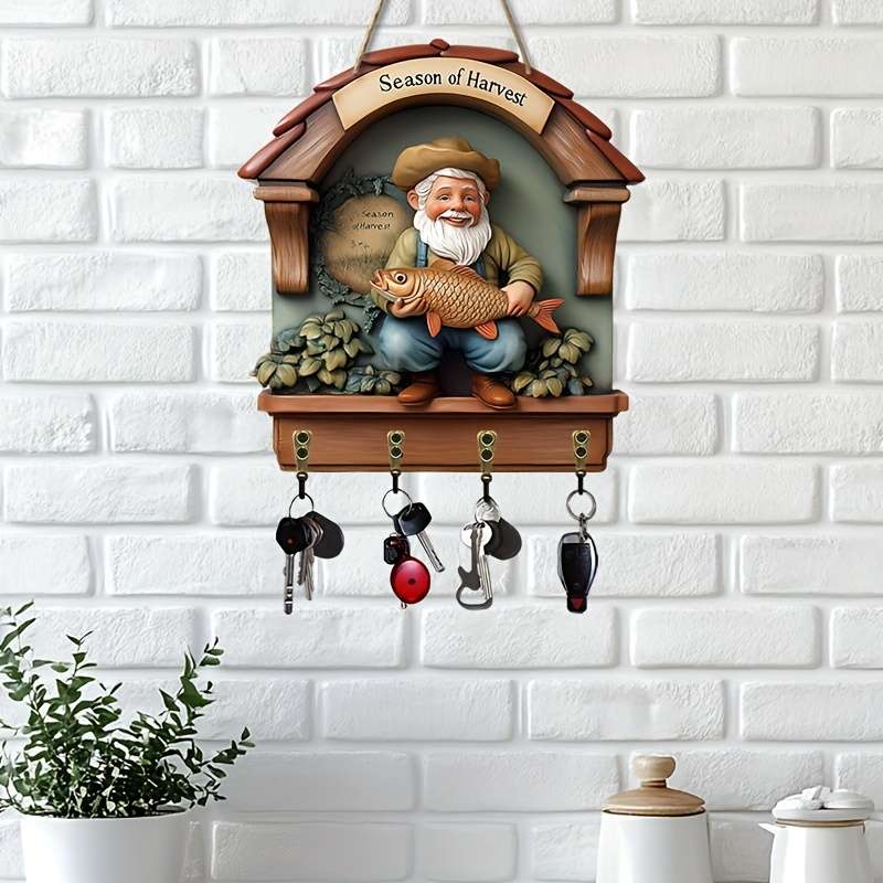 2D Flat 1pc Old Fisherman Holding Big Fish Simple Colorful Wooden Key Hanger for Home with Four M