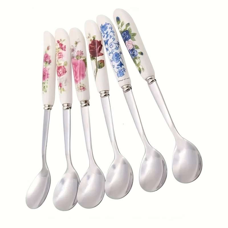 6pcs OUKEAI Stainless Steel Coffee Spoons with Floral Ceramic Handles Elegant Mixing Serving