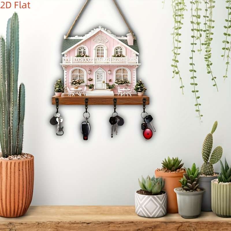 2D Flat Pink Cottage Wooden Key Holder with 4 Metal HooksCharming Wall Decor for Home Porch and