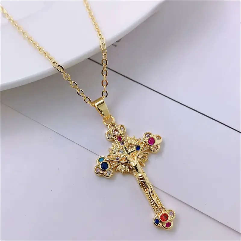14K Gold Plated Golden Plated 304 Stainless Steel Cubic Synthetic Zirconia Cross WITH Necklace
