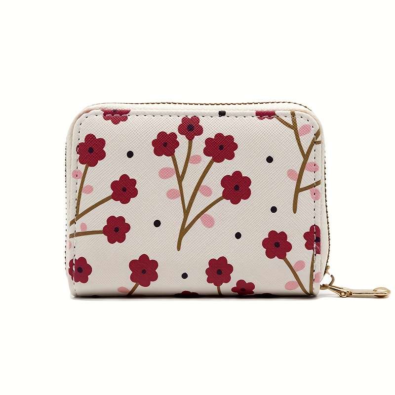 1pc Floral Credit Card Holder for Women Girls C Cute Plum Red Accordion Wallet with Zipper C