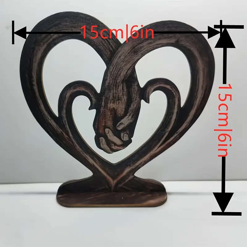 1pc Rustic Wooden Heart-Shaped Hand in Hand Tabletop Ornament Vintage Romantic Log Decor for Bedroom
