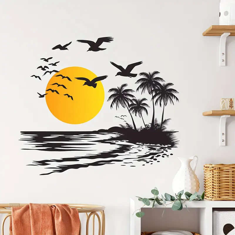 PVC Wall Decal Set  1PC Tropical Sunset Scene with Palm Trees and Flying Birds Removable Vinyl Wall